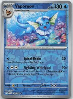Vaporeon 134/165 Rare 151 Pokemon Reverse Holo Near Mint - Image 1