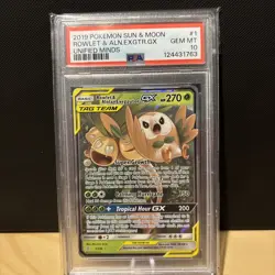 2019 POKEMON SUN & MOON UNIFIED MINDS 1/236 ROWLET & EXEGGUTOR GX PSA 10 - Image 1