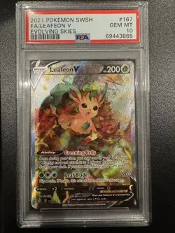 2021 Pokemon SWSH Evolving Skies: #167 Fa/Leafeon V PSA 10 GEM MINT - Image 1