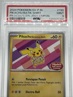 2024 POKEMON INDONESIAN SV-P PROMO #190 PIKACHU/BATIK SHIRT IDN.JRNY.CMPGN PSA 9 - Image 3