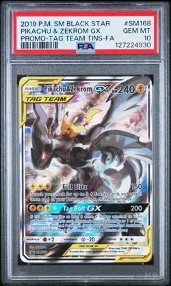 2019 POKEMON BLACK STAR PROMO #SM168 PIKACHU & ZEKROM GX - TAG TEAM TINS PSA 10 - Image 1