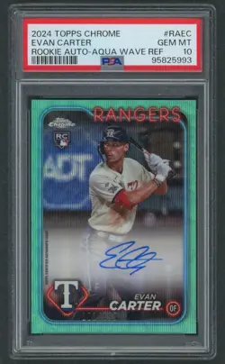 2024 Topps Chrome Evan Carter Aqua Wave Refractor Auto /199 Rookie RC PSA 10 - Image 1