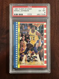 1987 Fleer Sticker #1 Magic Johnson PSA 6 Los Angeles Lakers HOF - Image 1