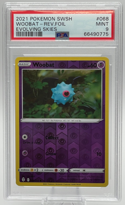 2021 POKEMON SWORD & SHIELD EVOLVING SKIES #068 WOOBAT REVERSE FOIL PSA 9 MINT - Image 1