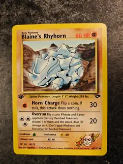 65/132 Blaine’s Rhyhorn 1st Edition Gym Challenge Pokemon Card LP - Image 1