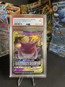 2019 POKEMON SUN & MOON TEAM UP #53 GENGAR & MIMIKYU GX PSA 9 - Image 1