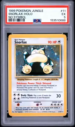 No Symbol Error Pokemon TCG Snorlax Unlimited Rare Holo Card 11/64 Jungle PSA 5 - Image 1