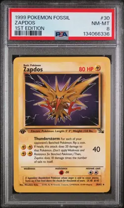 1999 POKEMON FOSSIL 1ST ED #30 ZAPDOS PSA 8 - Image 1