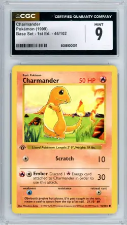 1999 POKEMON CHARMANDER 1ST EDITION SHADOWLESS BASE SET #49 - CGC 9 MINT - Image 1