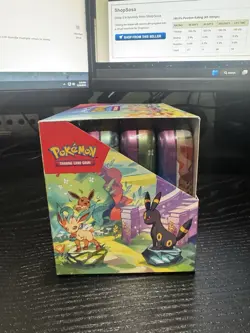 Pokemon TCG Prismatic Evolutions Full Set of 8 Sealed Mini Tins with Display - Image 3