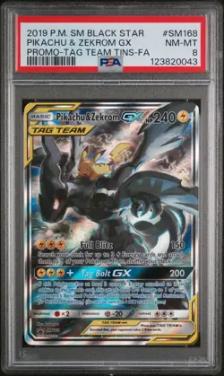 Pikachu & Zekrom GX SM168 Tag Team Sun & Moon Promo Holo Card PSA 8 - Image 1