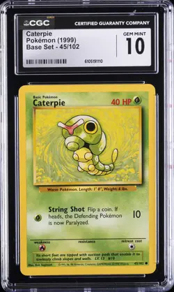 1999 POKEMON BASE SET #45/102 CATERPIE CGC 10 GEM MINT - Image 1