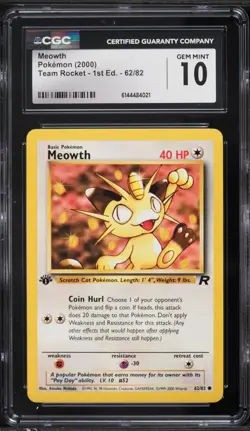 2000 Pokemon Team Rocket 1st Edition Meowth #62 CGC 10 - Image 1