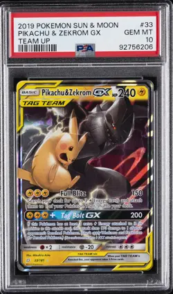 2019 POKEMON SUN & MOON TEAM UP #33 PIKACHU & ZEKROM GX PSA 10 - Image 1