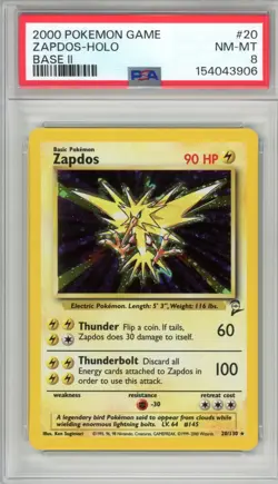 Pokemon Base Set 2 Zapdos #20 English Holo Rare 20/130 PSA 8 Mint - Image 1