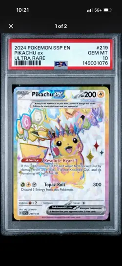 Pokemon Pikachu ex 219 Surging Sparks PSA 10 - Image 1