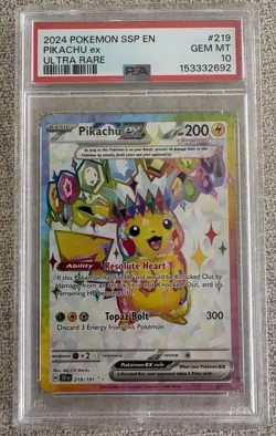 PSA 10 Pikachu EX Ultra Rare 219/191 Ssp En Surging Sparks Pokemon - Image 1