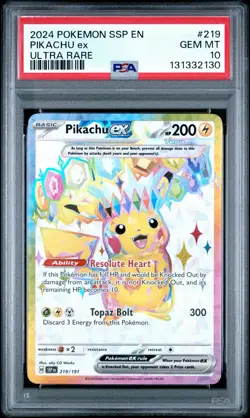 2024 POKEMON SSP EN-SURGING SPARKS ULTRA RARE #219 PIKACHU EX PSA 10 - Image 1