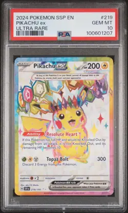 2024 POKEMON SSP EN-SURGING SPARKS ULTRA RARE #219 PIKACHU EX PSA 10 - Image 1