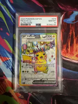 Pokemon Pikachu ex Sv08 Surging Sparks 219/191 Ultra Rare Holo EX PSA 10 - Image 1