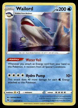 WAILORD - 032/185 Holo Rare Vivid Voltage Pokemon NM - Image 1