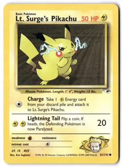 Pokemon Card - Lt. Surge's Pikachu 81/132 Unlimited Common - Gym Heroes - NM - Image 1