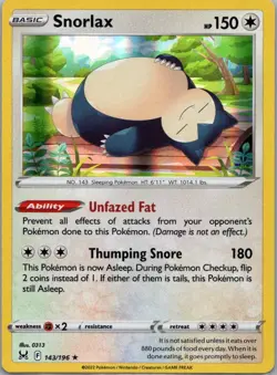 Pokemon TCG Snorlax 143/196 Lost Origin Holo NM - Image 1