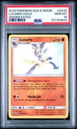 2019 POKEMON SUN & MOON HIDDEN FATES #SV22 LUCARIO-HOLO PSA 10 - Image 1