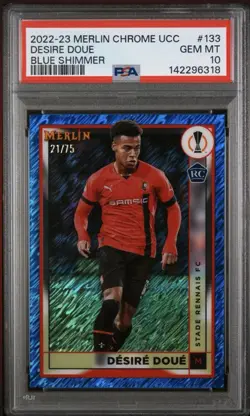 2022-23 Topps Merlin Chrm Desire Doue #133 Blue Shimmer /75 PSA 10 Rookie RC PSG - Image 1