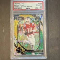 2024 Panini Select Drake Maye #218 Green & Yellow Shock Prizm Rookie PSA 10 Pats - Image 1