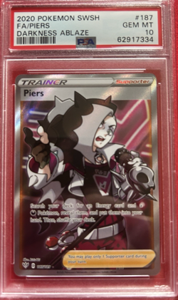 2020 Pokemon SWSH #187 FA/Piers Darkness Ablaze PSA 10 - Image 1