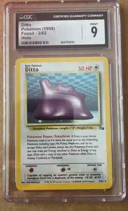 CGC 9 MINT Ditto 1999 Fossil 3/62 Holo Pokemon Card - Image 1