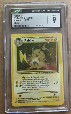 Raichu Holo 14/62 Pokemon Fossil 1999 CGC Mint 9 Pokemon Card - Image 1