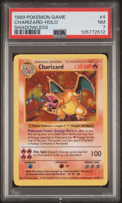 1999 POKEMON BASE SET SHADOWLESS #4 CHARIZARD-HOLO PSA 7 - Image 1