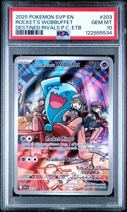 2025 POKEMON DESTINED RIVALS POKEMON CENTER ETB TEAM ROCKET'S WOBBUFFET PSA 10 - Image 1