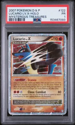 PSA 1 2007 Pokemon D&P Mysterious Treasures Lucario Lv.X Holo Foil 122/123 - Image 1