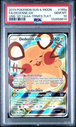 2019 POKEMON UNBROKEN BONDS 195a FULL ART/DEDENNE GX 2020 YELLOW ALT ART PSA 10 - Image 1