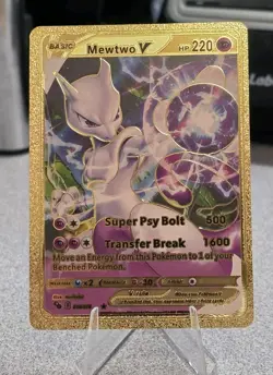 Pokemon Mewtwo V 220hp Gold Foil Fan Art Collector Card TCG - Image 1