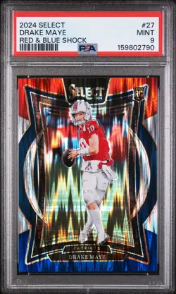 2024 Panini Select #27 Drake Maye Red & Blue Shock PSA 9 New England Patriots - Image 1