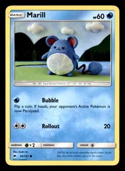 Marill 34/147 Common Burning Shadows Pokemon Near Mint Asako Ito Crochet - Image 1