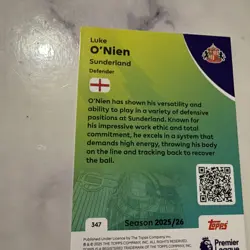 Luke O’Nien Topps Premier League 2025/2026 card Sunderland # 347 - Image 2