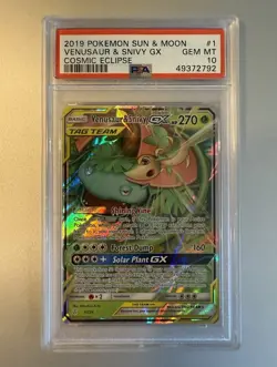 2019 POKEMON SUN & MOON COSMIC ECLIPSE #1 VENUSAUR & SNIVY GX PSA 10 - Image 1