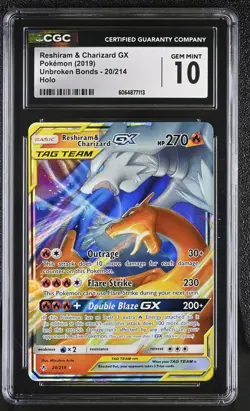 CGC 10 GEM MINT Reshiram & Charizard GX Unbroken Bonds 20/214 Holo Pokemon Card - Image 1
