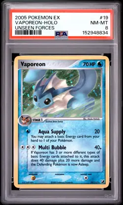 2005 POKEMON EX UNSEEN FORCES #19 VAPOREON-HOLO PSA 8 - Image 1