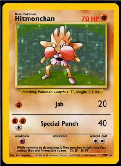 Hitmonchan 7/102 Rare Base Set Unlimited Pokemon Holo MP - Image 1
