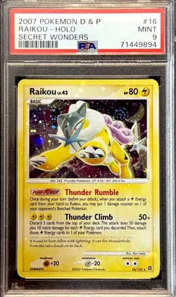 2007 POKEMON DIAMOND & PEARL SECRET WONDERS #16 RAIKOU PSA 9 HOLO BLEED & SWIRLS - Image 1