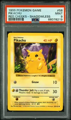 Base Set Shadowless Pikachu Red Cheeks 058/102 - PSA 9 MINT - Vintage Rare! - Image 1