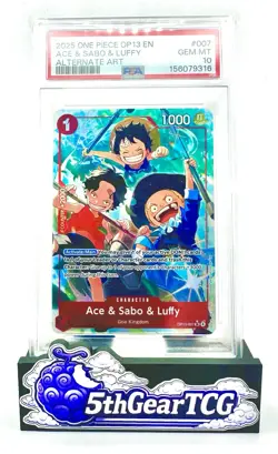Namco One Piece CCG Ace & Sabo & Luffy OP13-007 Alt Art Foil SR PSA 10 Eng - Image 1