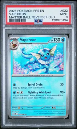 2025 POKEMON PRE EN-PRISMATIC EVOLUTIONS MASTER BALL REVERSE HOLO VAPOREON PSA 9 - Image 1