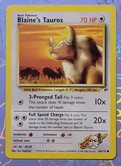 Blaine's Tauros 64/132 Gym Heroes Pokemon Card NM - Image 1